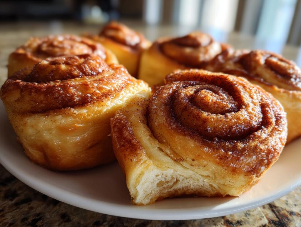 Close-up of delicious Cloud Bread Cinnamon Rolls on a white plate, showing the cinnamon swirl.