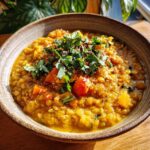 Close-up of a bowl of delicious Coconut Curry Lentil Soup, garnished with fresh herbs and spices.