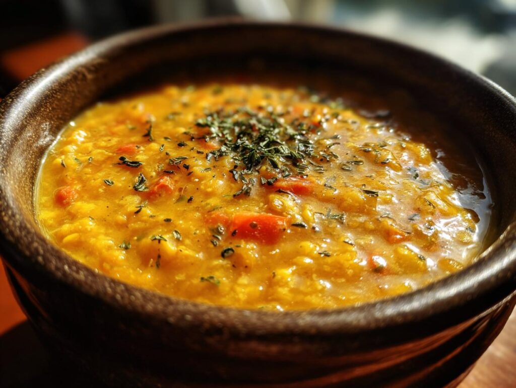 Close-up of a bowl of Coconut Curry Lentil Soup, garnished with fresh herbs.