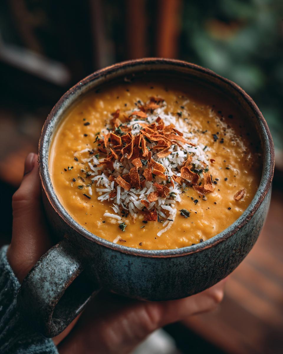 Close-up of a bowl of Coconut Curry Lentil Soup, topped with coconut flakes and herbs.