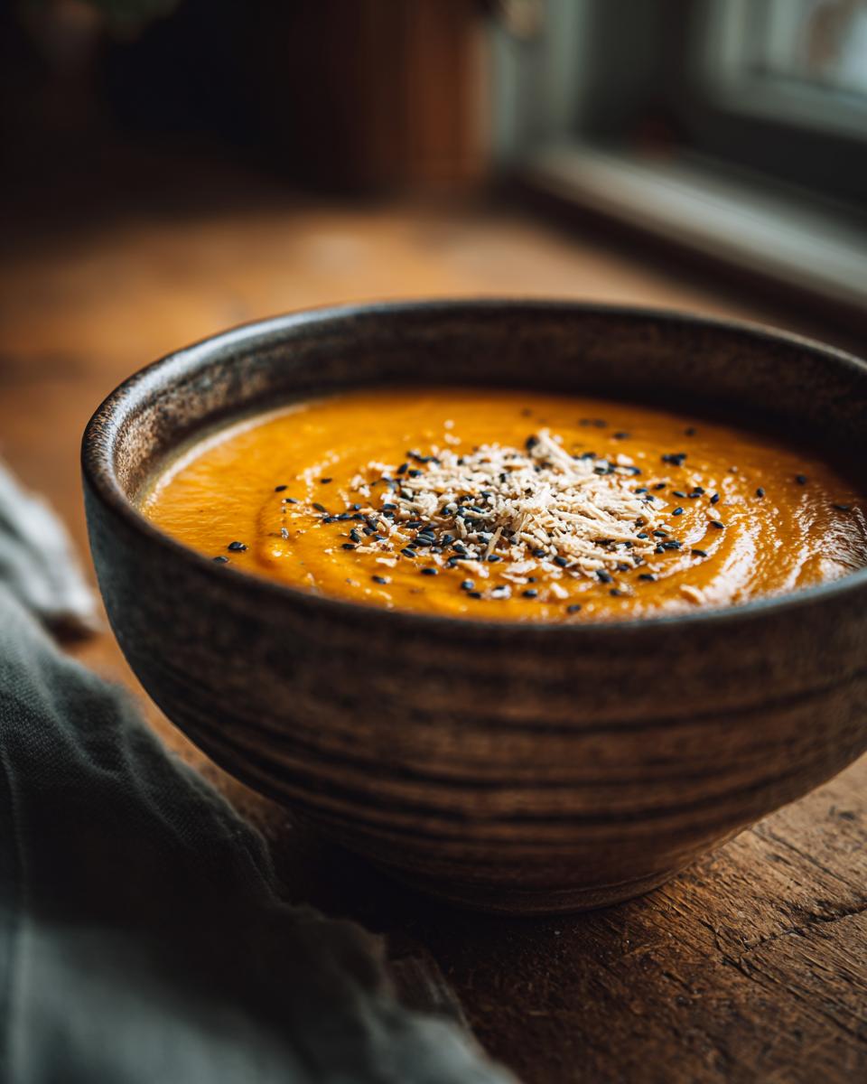 Close-up of a bowl of Coconut Curry Lentil Soup, garnished with seeds, on a wooden surface.