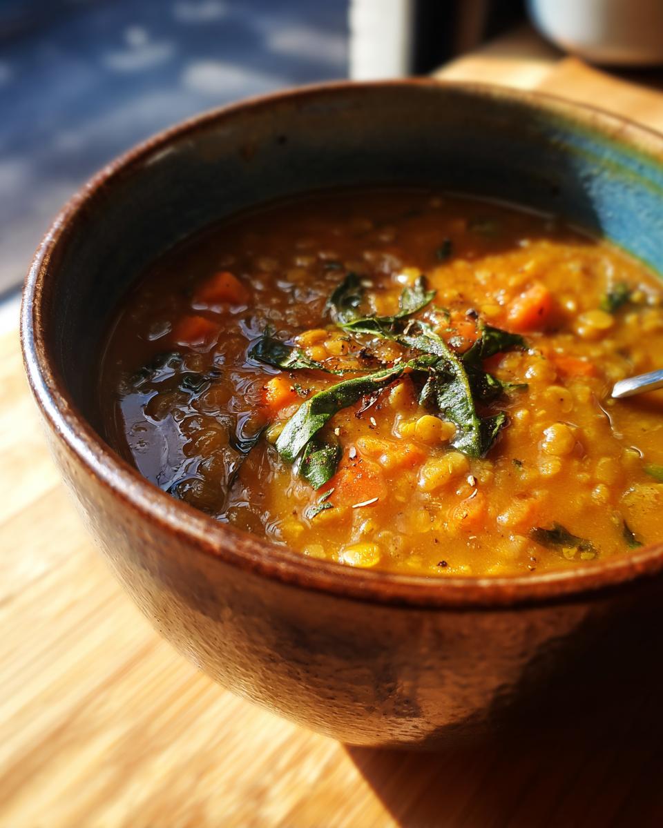 Close-up of a bowl of delicious Coconut Curry Lentil Soup, garnished with fresh herbs.