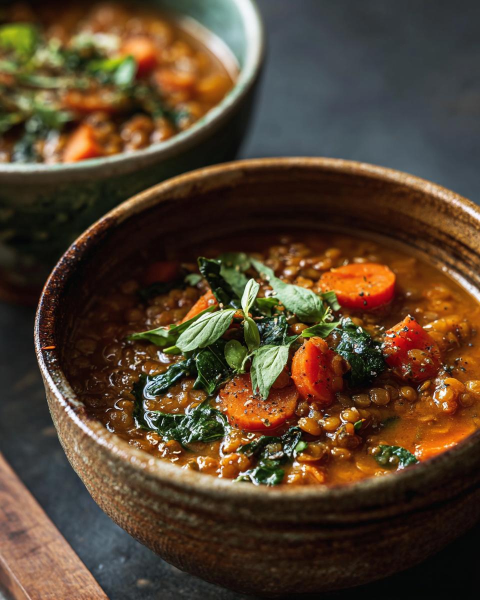 Close-up of two bowls of Coconut Curry Lentil Soup, garnished with fresh herbs and carrots.