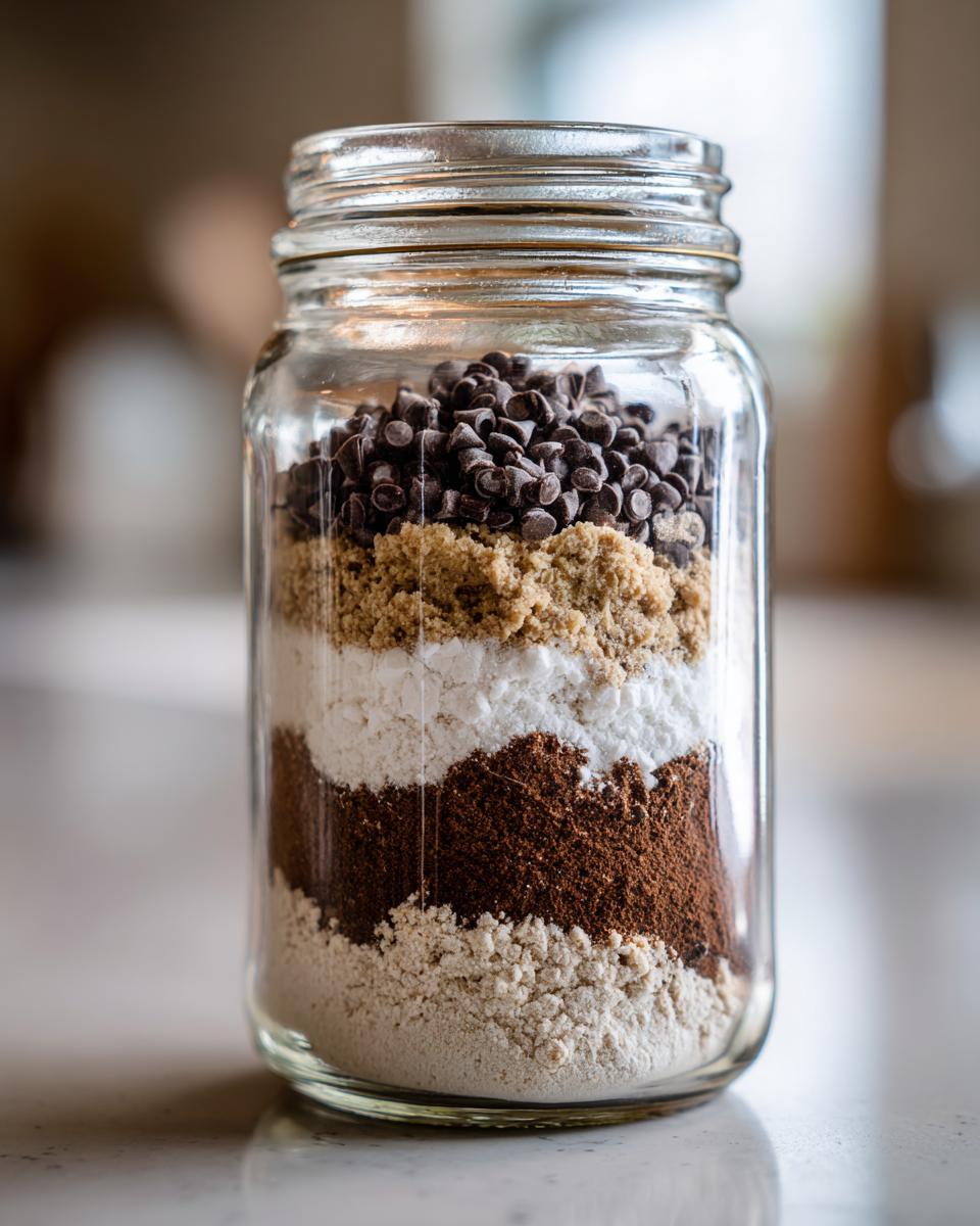 A clear jar filled with layers of ingredients for a delicious Cookie Mix in a Jar.