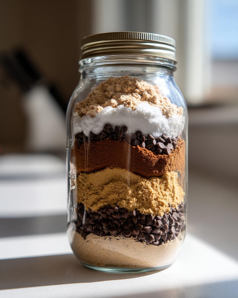 A mason jar filled with layered ingredients for a Cookie Mix in a Jar.