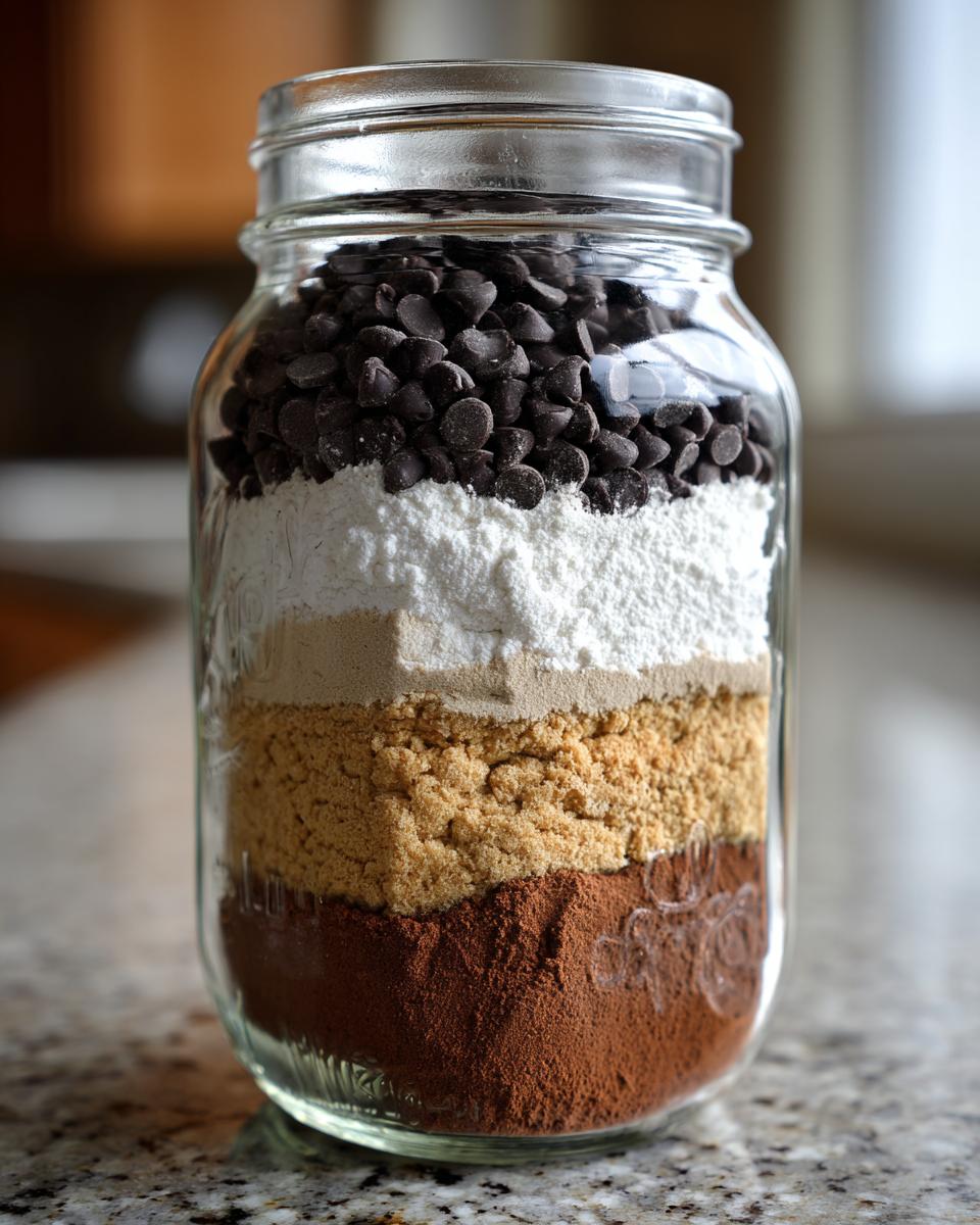 A jar filled with layered ingredients for a Cookie Mix in a Jar, including chocolate chips, flour, and brown sugar.