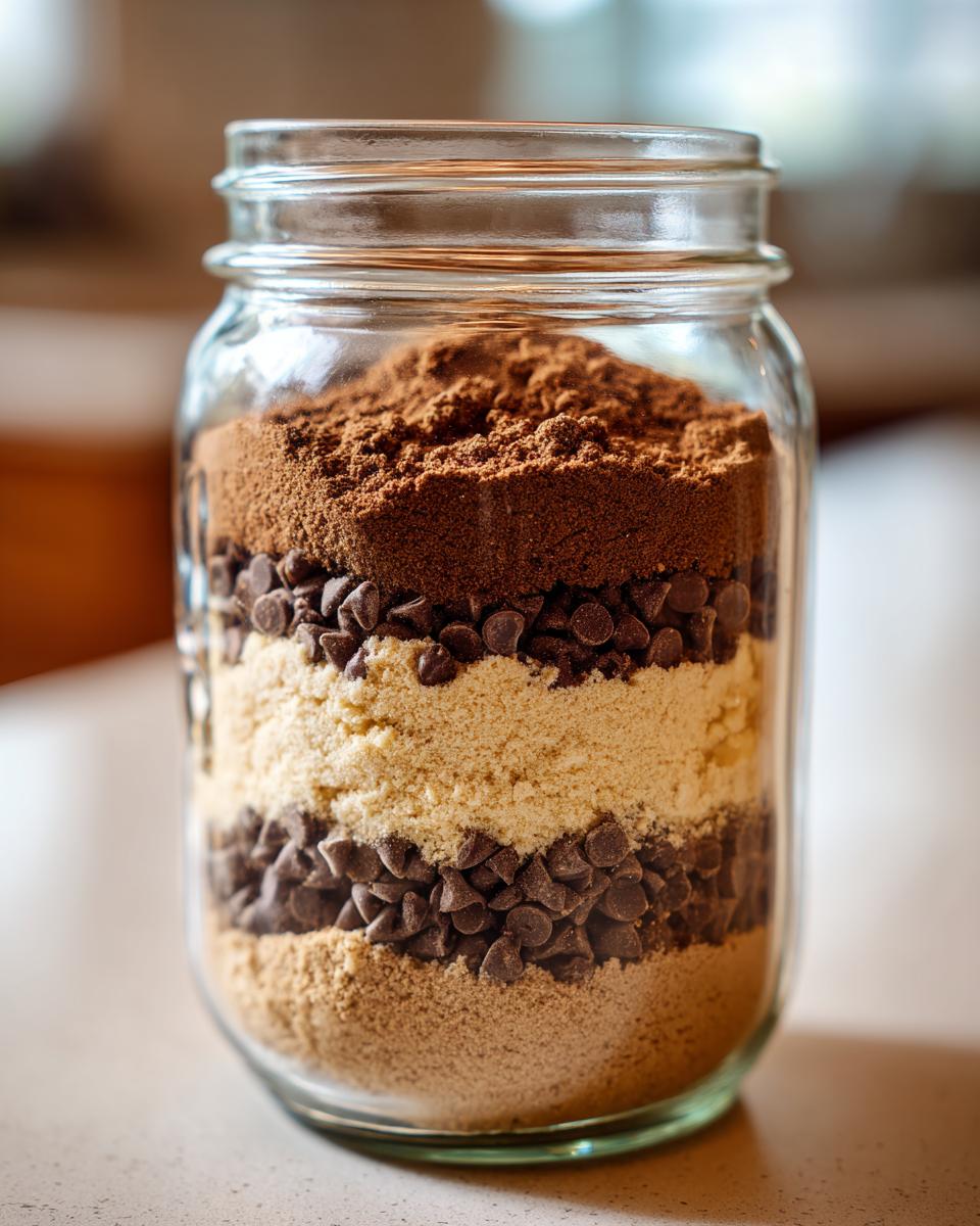 A jar filled with layered ingredients for a Cookie Mix in a Jar, ready to be gifted.