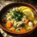 Close-up of a bowl of Cozy Lemon Chicken Orzo Soup with lemon slices and fresh herbs.