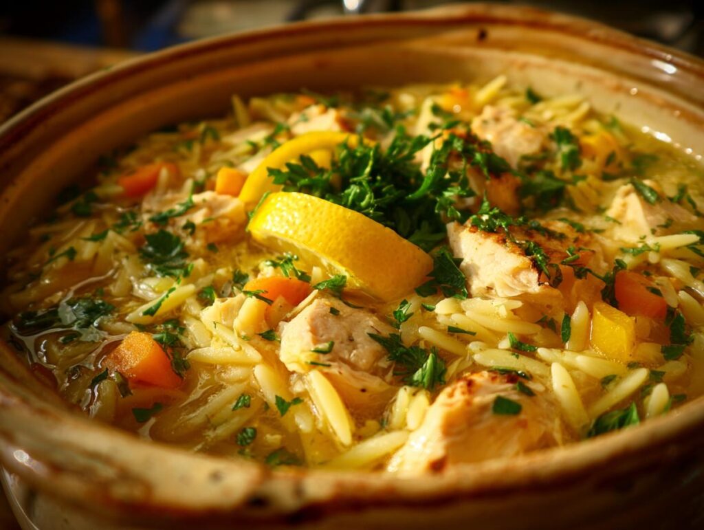 Close-up of a bowl of Cozy Lemon Chicken Orzo Soup, garnished with lemon and parsley.