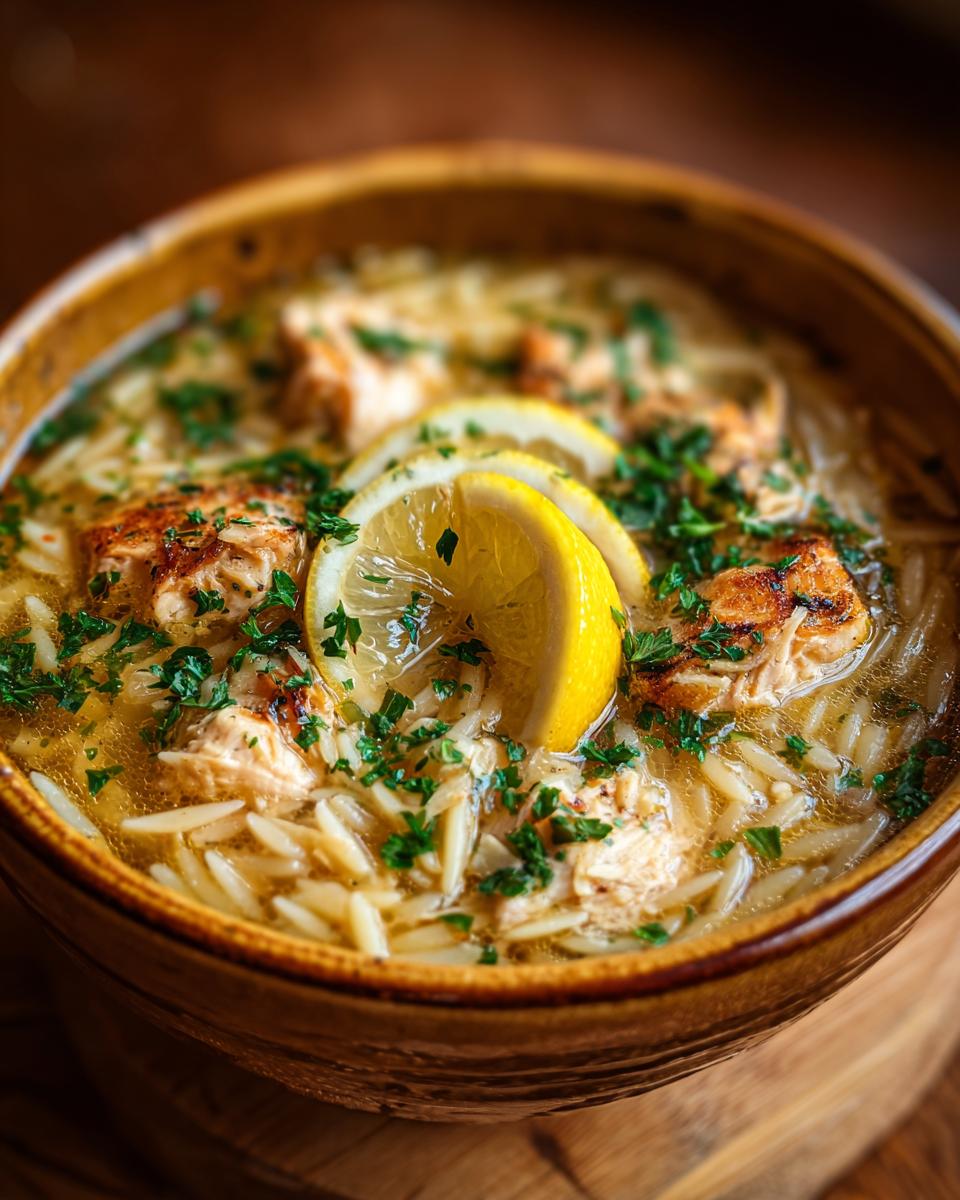 Close-up of a bowl of Cozy Lemon Chicken Orzo Soup with lemon slices and fresh herbs.