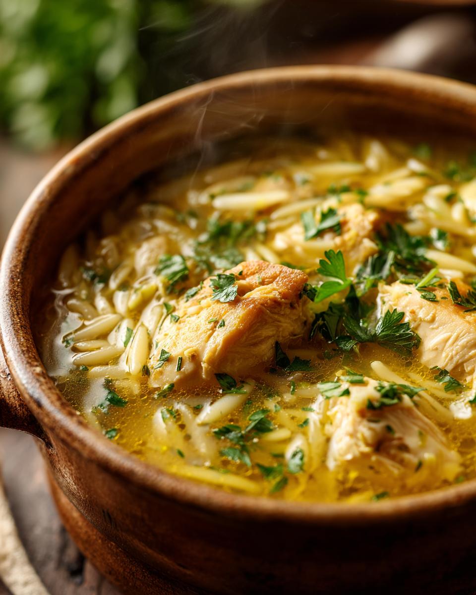 Close-up of a bowl of Cozy Lemon Chicken Orzo Soup with chicken, orzo, and fresh parsley.