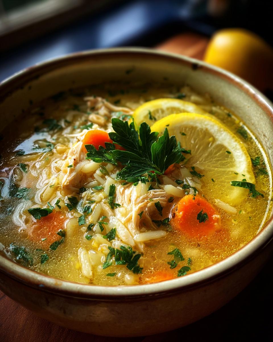 Close-up of a bowl of Cozy Lemon Chicken Orzo Soup with lemon slices and parsley.
