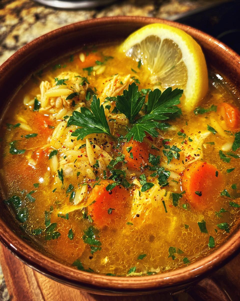 Close-up of a bowl of Cozy Lemon Chicken Orzo Soup with carrots and a lemon slice.