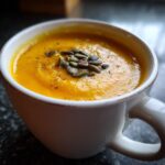 Close-up of a mug filled with creamy Cozy Pumpkin Soup, topped with pumpkin seeds.