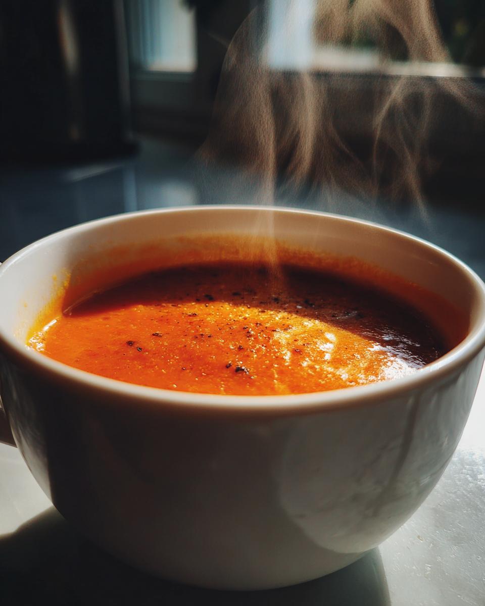 Close-up of a steaming bowl of Cozy Pumpkin Soup, a comforting and warm dish.