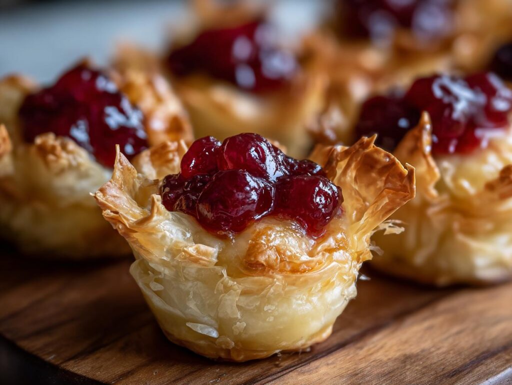Close-up of a Cranberry Brie Phyllo Cup, featuring flaky pastry filled with melted brie and topped with a glistening cranberry compote.