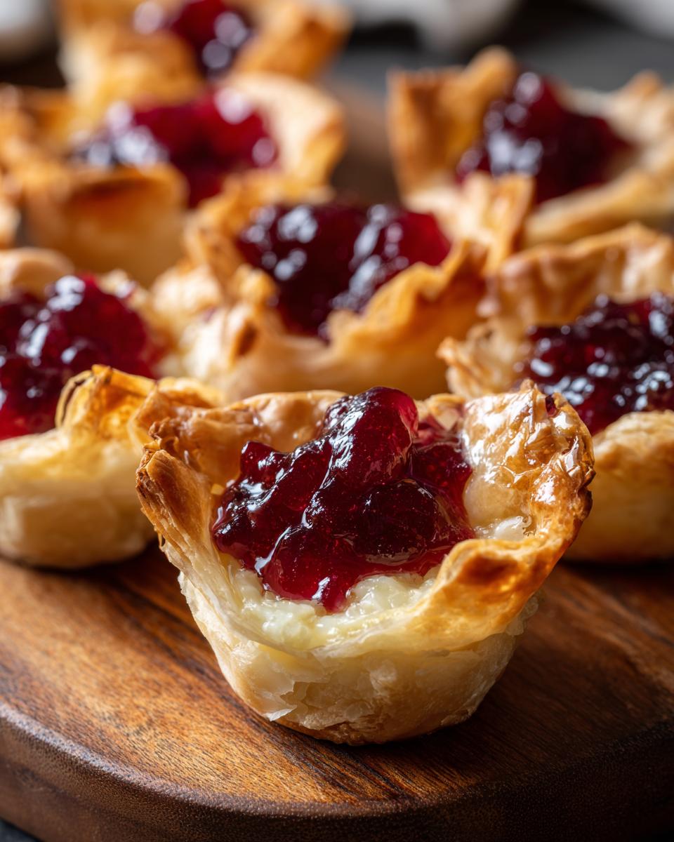 Close-up of Cranberry Brie Phyllo Cups, a quick and easy 15-minute snack with flaky pastry, melted brie, and tart cranberry topping.