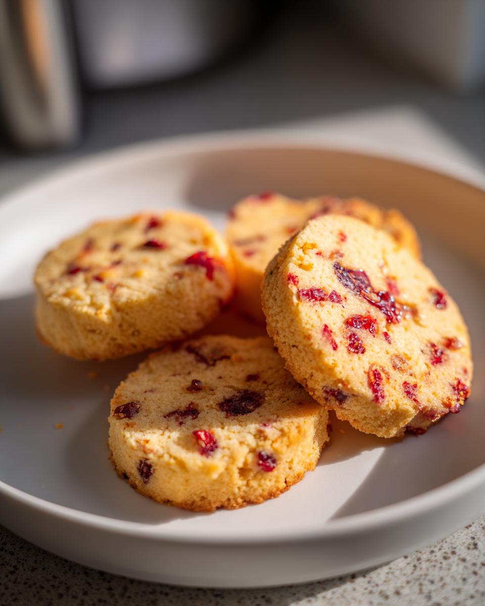 Close-up of delicious Cranberry Orange Shortbread Cookies on a white plate, showing texture and dried cranberries.