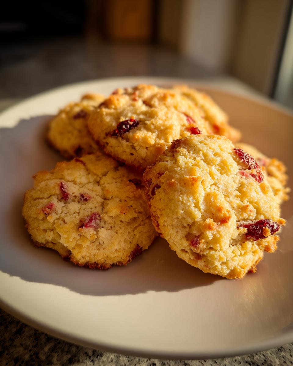 A close-up of several Cranberry Orange Shortbread Cookies piled on a light-colored plate, with visible dried cranberries.