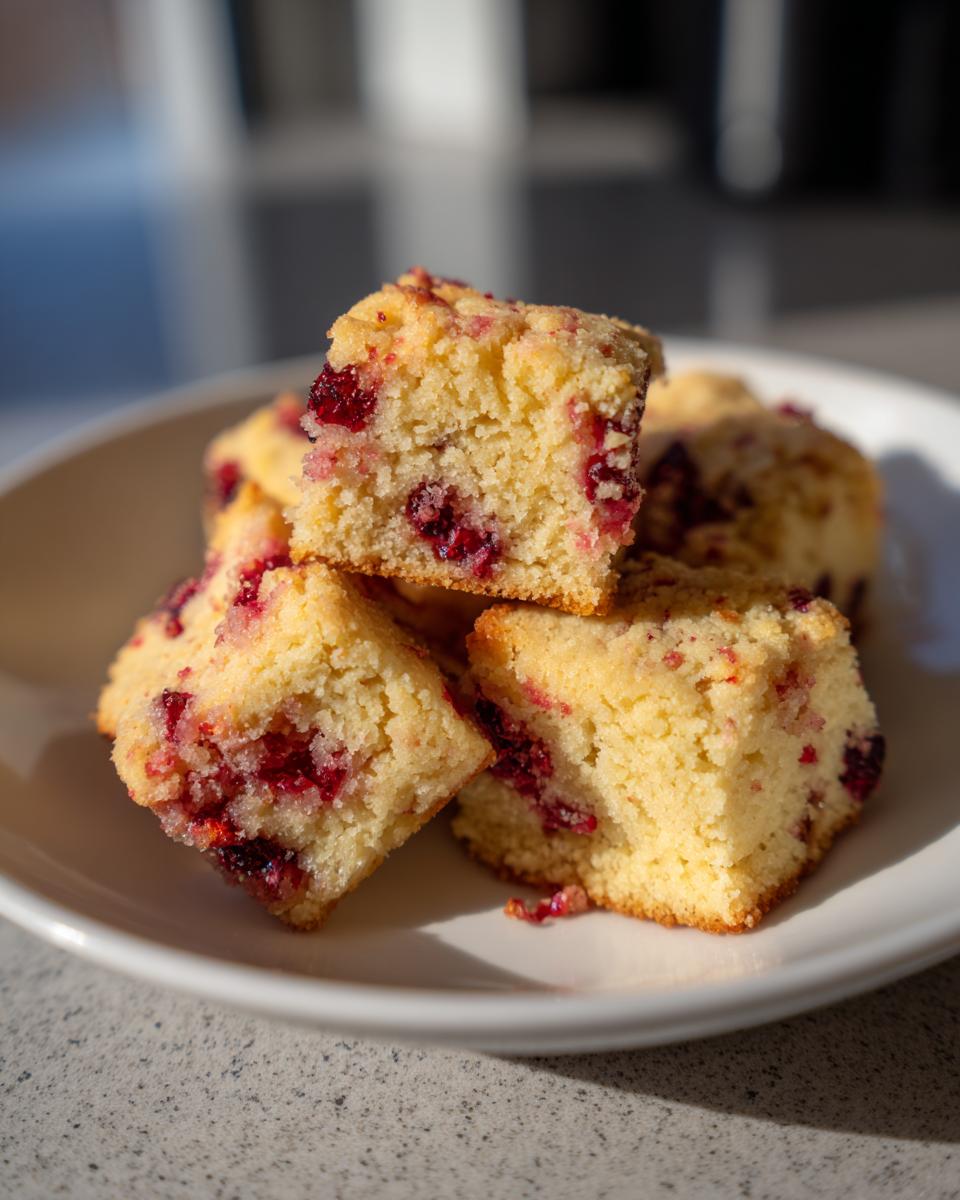 A stack of square Cranberry Orange Shortbread Cookies on a white plate, showing visible cranberries and crumbly texture.