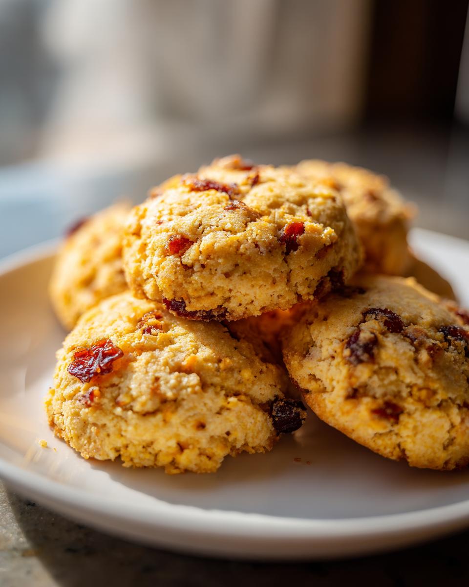 A close-up stack of delicious Cranberry Orange Shortbread Cookies on a white plate.