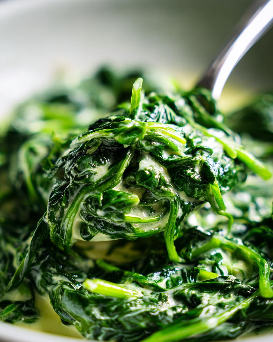 Close-up of creamy, delicious Creamed Spinach being scooped up with a spoon.