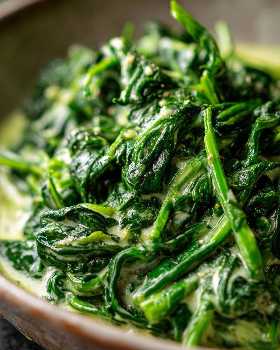 Close-up of a bowl of creamy, freshly made Creamed Spinach.