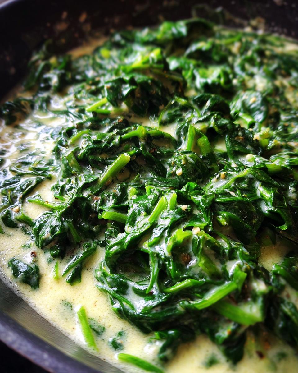 Close-up of creamy, freshly made Creamed Spinach in a skillet.