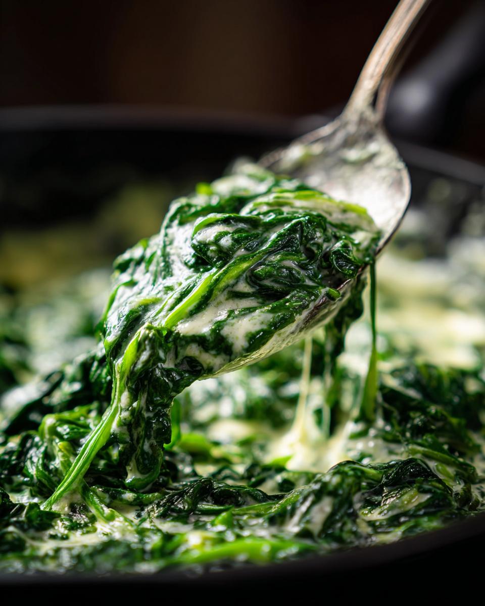 Close-up of creamy, delicious Creamed Spinach being scooped with a spoon from a pan.