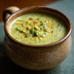 Close-up of a bowl of creamy broccoli cheddar soup, a comforting and delicious meal.