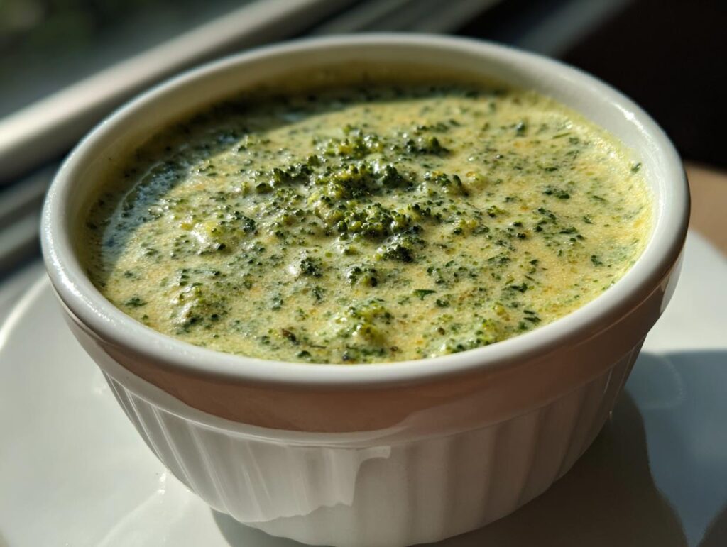 Close-up of a bowl of creamy broccoli cheddar soup, a comforting and delicious meal.