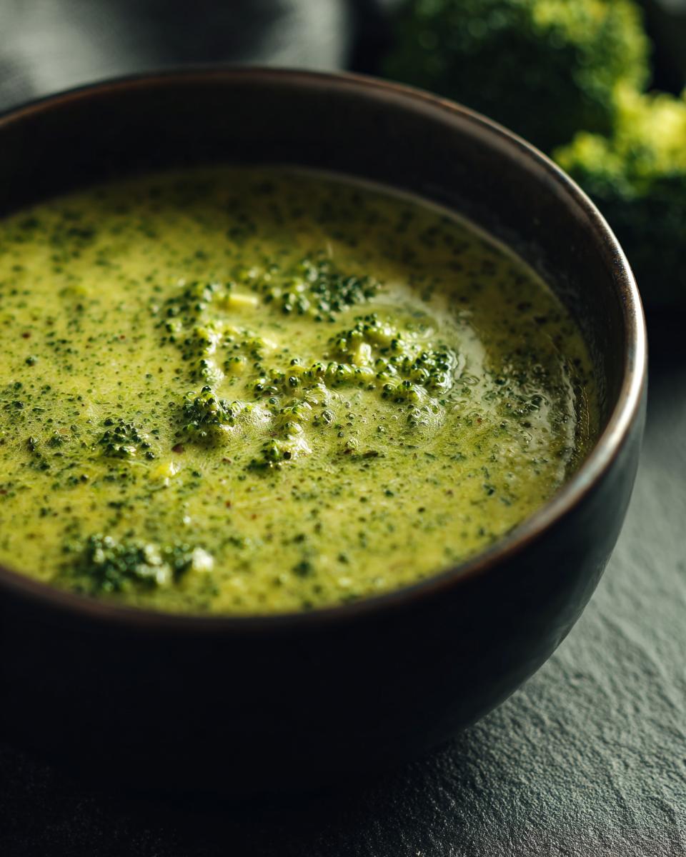 Close-up of a bowl of Creamy Broccoli Cheddar Soup, showing the creamy texture and broccoli florets.