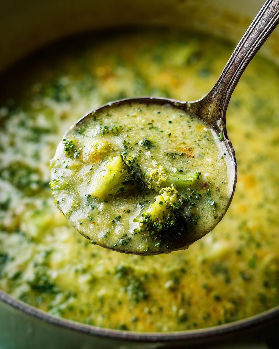 Close-up of a ladle filled with Creamy Broccoli Cheddar Soup, showing broccoli florets and creamy texture.