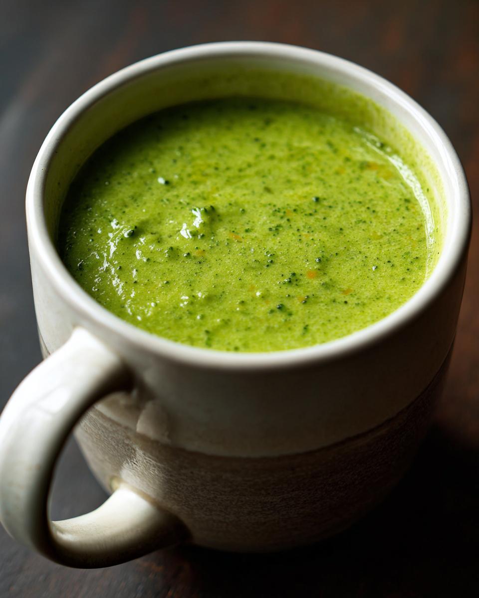 Close-up of a mug filled with creamy broccoli cheddar soup, a vibrant green color.