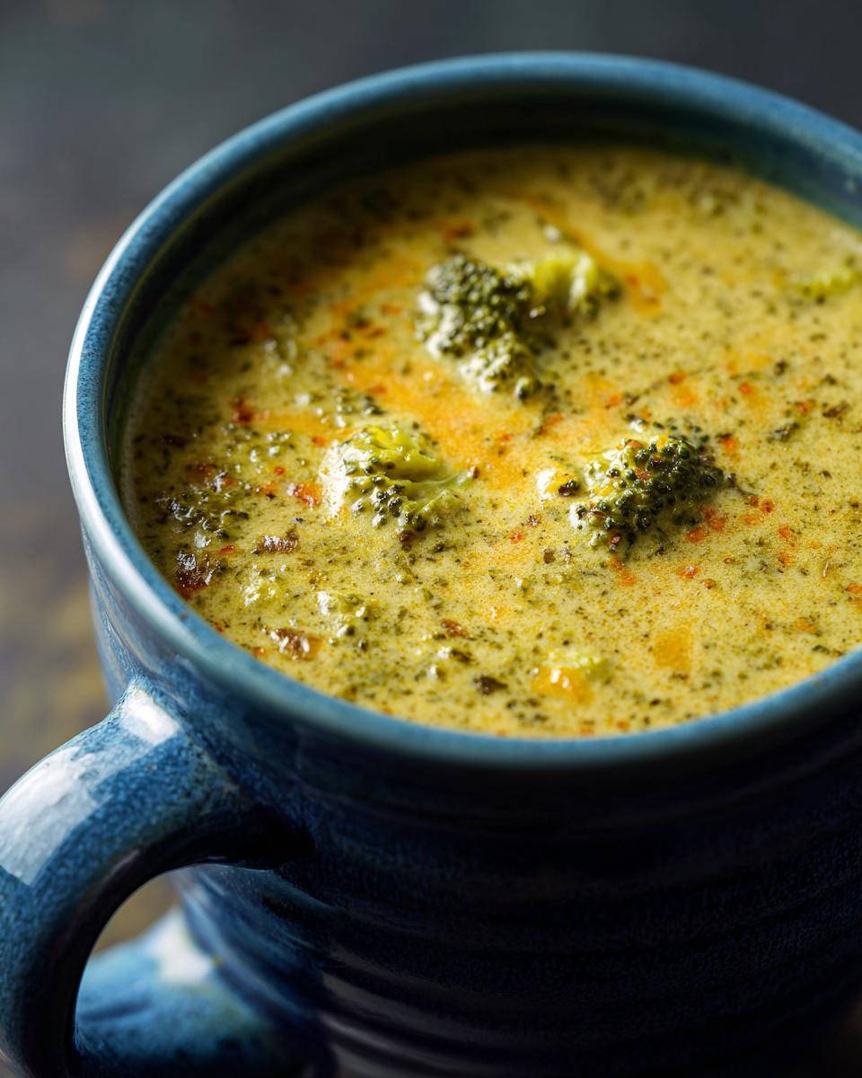 Close-up view of a blue mug filled with delicious Creamy Broccoli Cheddar Soup, garnished with broccoli florets.