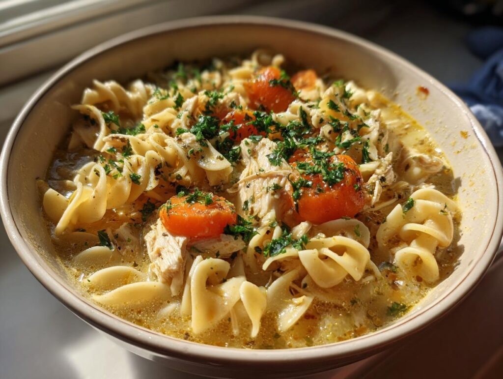 A bowl of creamy chicken noodle soup with carrots, noodles, and herbs. This is our Creamy Chicken Noodle Soup recipe.