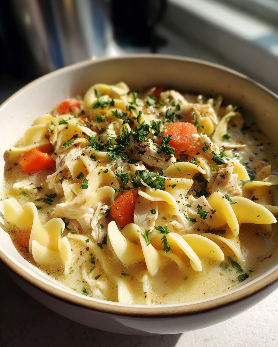 Close-up of a bowl of creamy chicken noodle soup with carrots and herbs. The primary keyword is Creamy Chicken Noodle Soup.