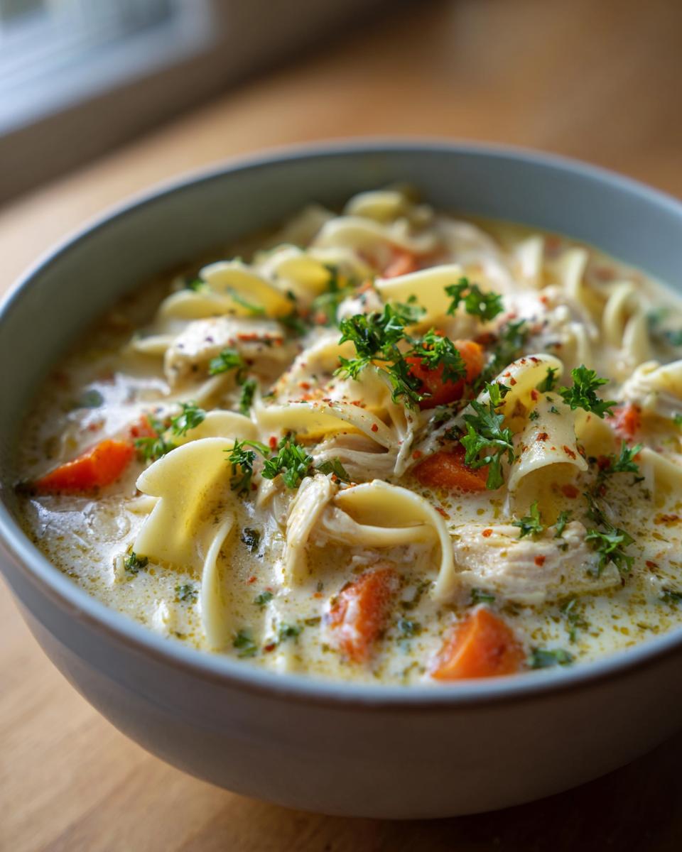 Close-up of a bowl of creamy chicken noodle soup with carrots and parsley.
