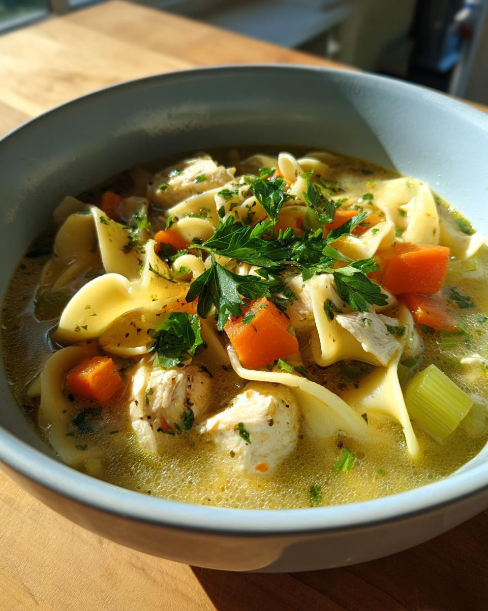 Close-up of a bowl of creamy chicken noodle soup with chicken, noodles, carrots, and parsley.