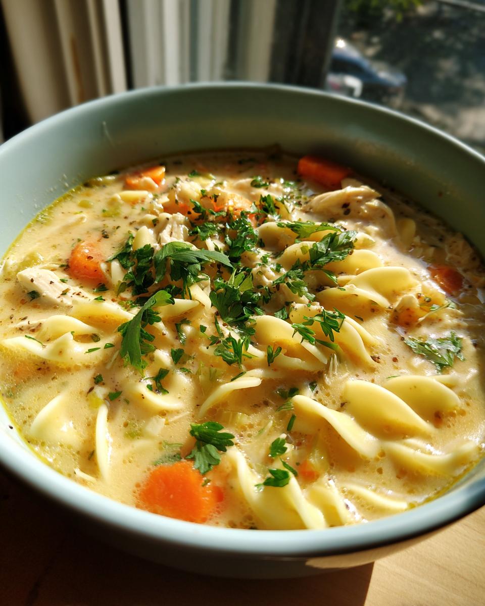 Close-up of a bowl of creamy chicken noodle soup with egg noodles, carrots, and parsley. This is Creamy Chicken Noodle Soup.