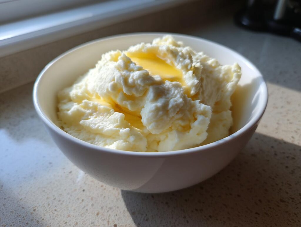 A bowl of creamy mashed potatoes, topped with melted butter, ready to be served.