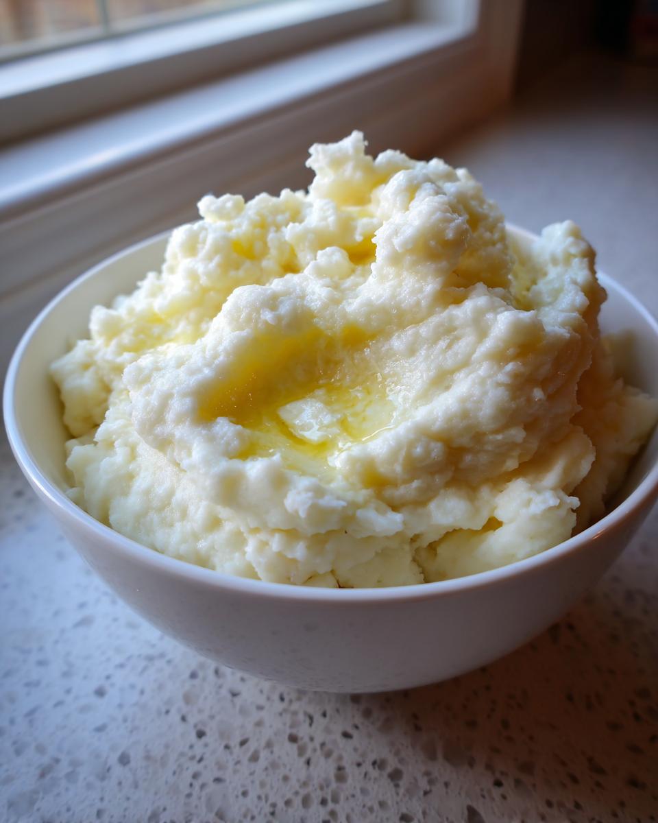 Close-up of a bowl of Creamy Mashed Potatoes with melted butter on top.