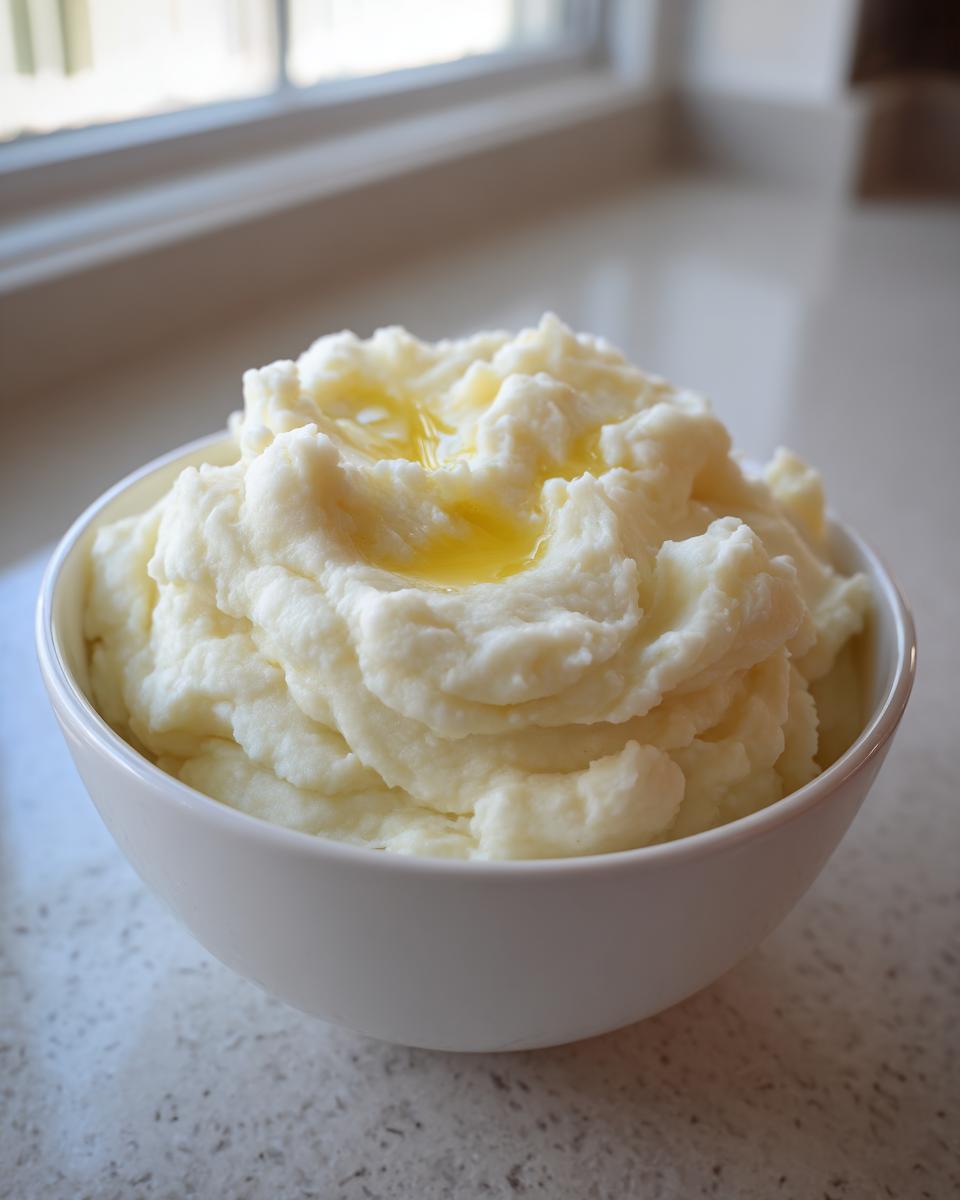 A bowl of fluffy Creamy Mashed Potatoes topped with melted butter, ready to be served.