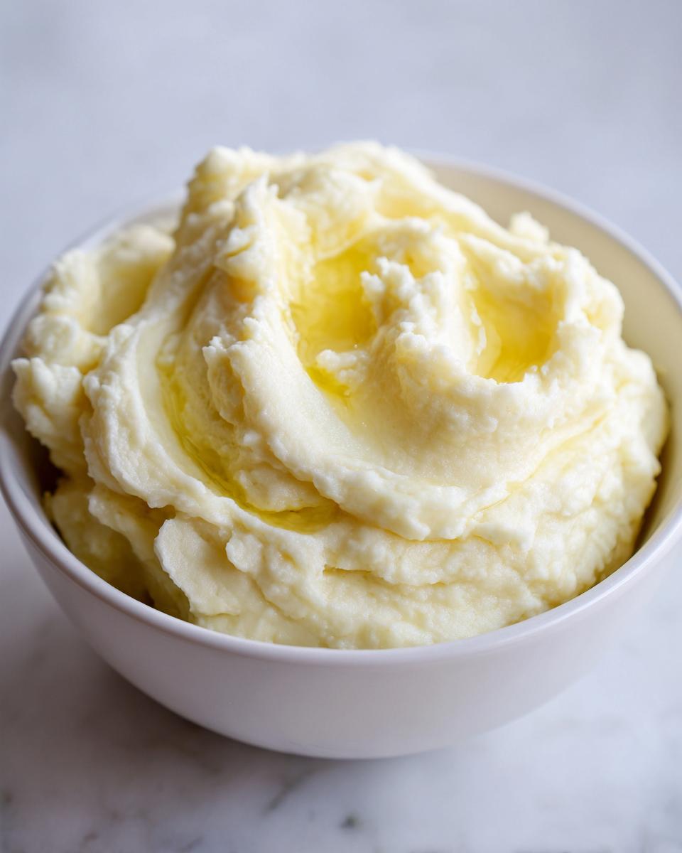 Close-up of a bowl of creamy mashed potatoes, topped with melted butter. Perfect creamy mashed potatoes.