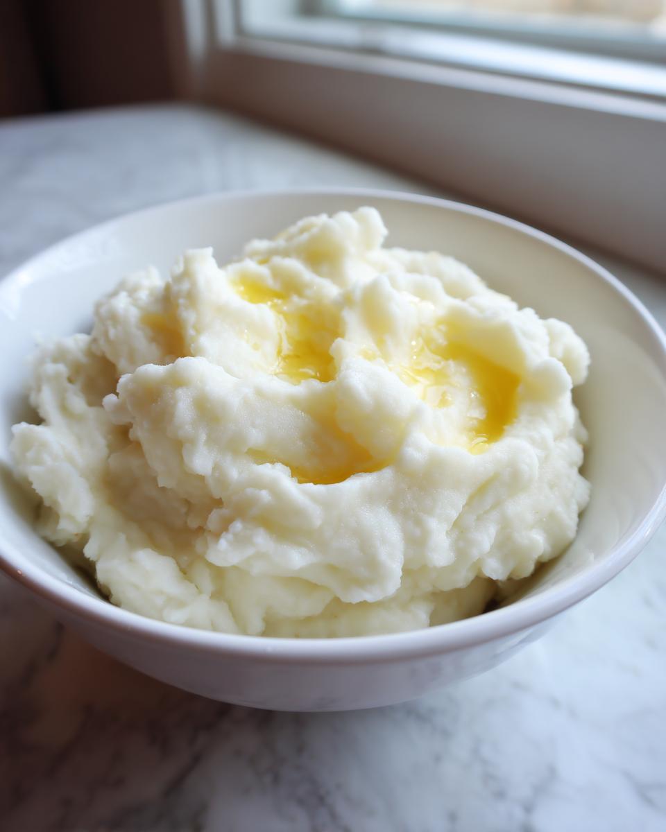 Close-up of a bowl of creamy mashed potatoes, topped with melted butter.