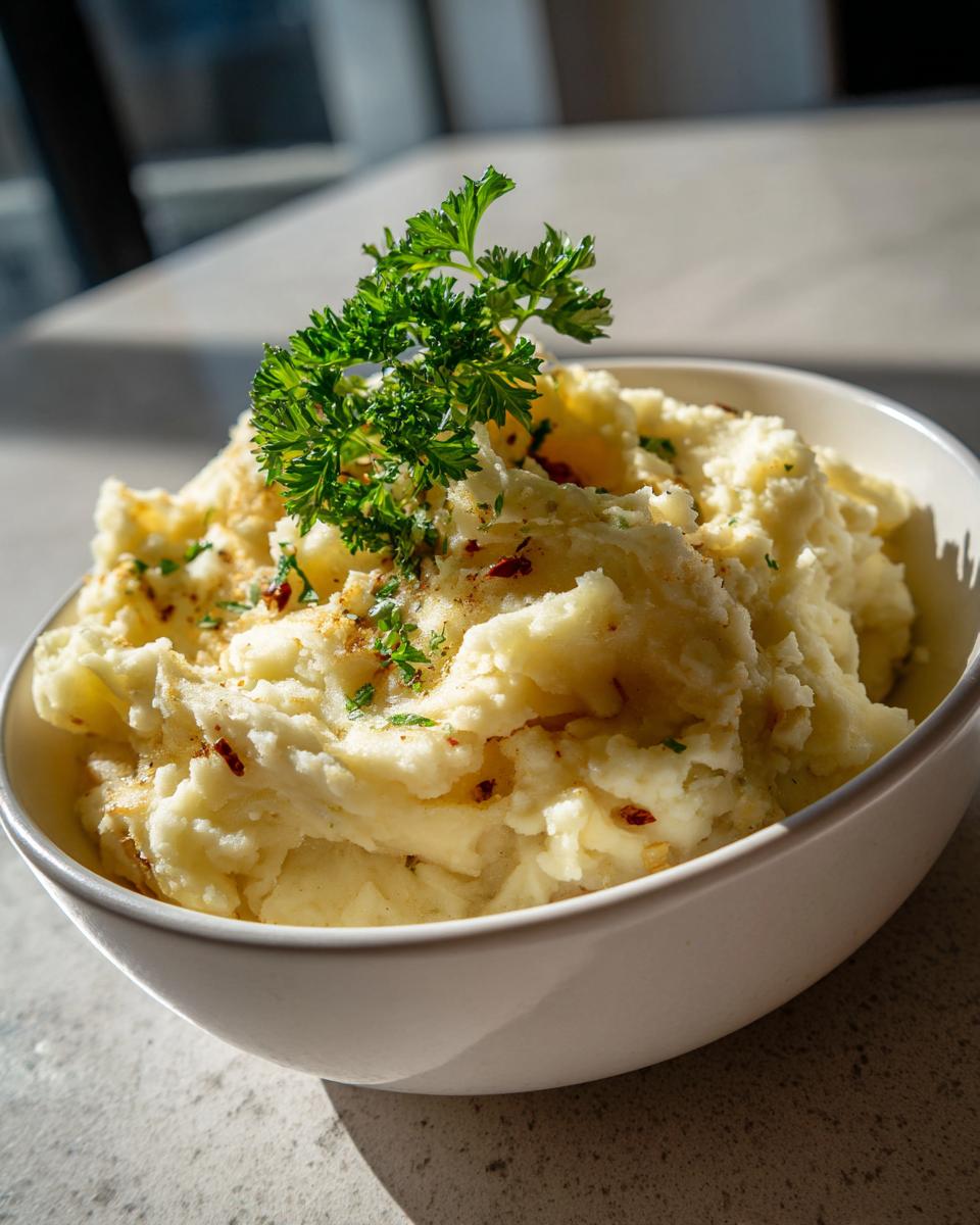 A bowl of fluffy Creamy Mashed Potatoes with Roasted Garlic, garnished with parsley and red pepper flakes.