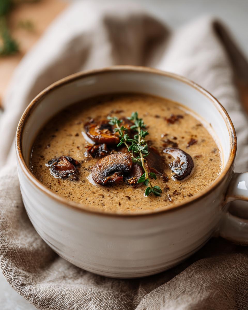 Close-up of a bowl of creamy mushroom soup garnished with mushrooms and herbs.