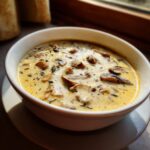 Close-up of a bowl of creamy mushroom soup, garnished with herbs, ready to be enjoyed.