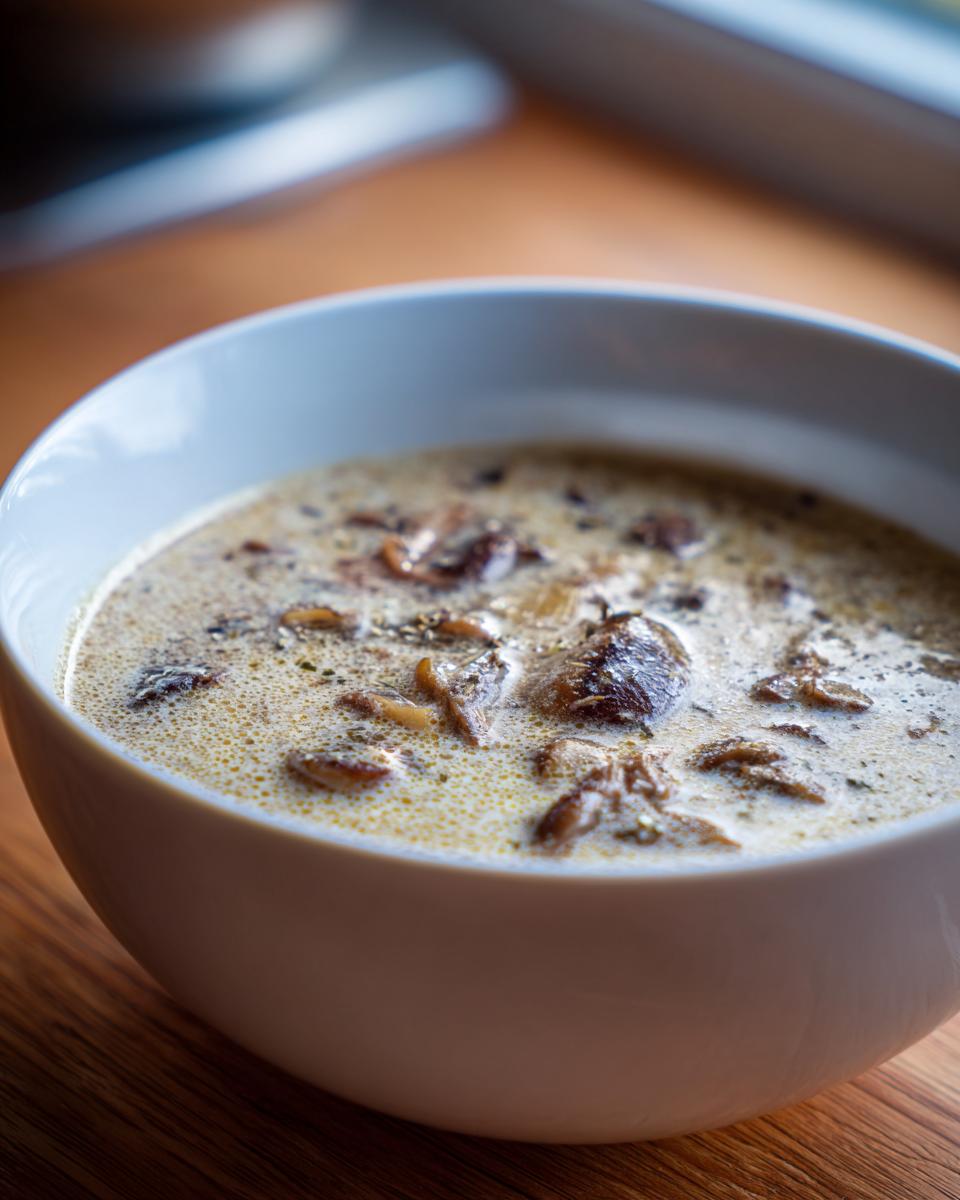 Close-up of a bowl of creamy mushroom soup, showing the texture and ingredients.