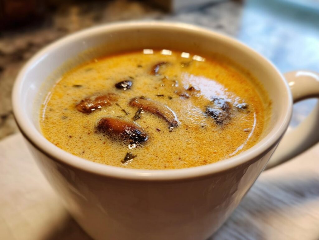 Close-up of a mug filled with creamy mushroom soup, showing visible mushrooms and herbs.